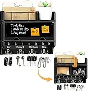 Key and Mail Holder for Wall, Multi Compartment Key Shelf with 7 Key Hangers 4 Coat Hooks, Wooden Key Rack with Hidden Chalkboard, Entryway Wall Organizer for Home Decor (Black)