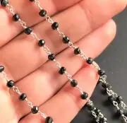 925 Sterling silver black spinel beaded chain by the ft, gemstone rosary chain
