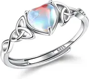 [Kakonia] Silver Moonstone Rings For Women Girl 925 Sterling Silver Open Adjustable CZ Rainbow Rings Vintage Celtic Triangle Ring, Handmade Oval Round Heart Ring Jewellery For Her With Gift Box D