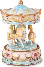 Laxury 3-Horses Carousel Music Box with LED Lights Polyresin Material, Play The Castle in The Sky (Blue)