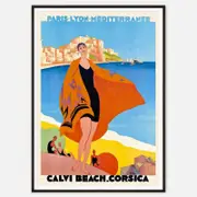 Galrie Vintage Corsica Calvi Beach Travel Poster by Roger Broders Art Deco Wall Art, Black Frame, A1 60 x 84cm (23 x 33inch)