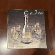 Vintage Crystal Clear Decanter Set w/6 Cordials 24k Gold Trim Nice Set NIB