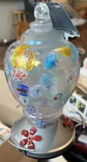 Style Selections Beautiful Blown Glass Millefiori Hummingbird Feeder NWT!