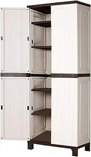 LI LIVSIP Outdoor Storage Shed - Plastic Vertical Storage Cabinet with Adjustable Shelves Lockable Doors 6 Hooks, for Store Garden Tools Accessories, 173CM Height, Strip Beige
