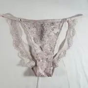 Victoria's Secret Very Sexy String Bikini XL Silver Ivory Foil Open Back Lace