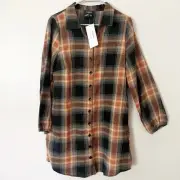 NWT Papillion Plaid Shirt Dress Pockets Large Black Orange Western Rodeo Fall L