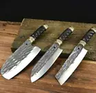 Santoku Nakiri Cleaver Knife Set Handmade Forged Steel Wood Handle Chef Slicing
