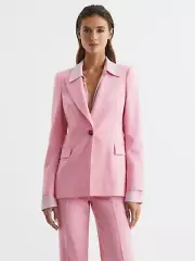 REISS WOMENS BLAIR SINGLE BREASTED WOOL BLEND PINK BLAZER JACKET in UK SIZE 14