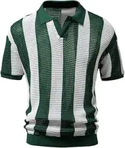 [Bciopll] Mesh Striped V Neck See Through Polo Shirts Short Sleeve Transparent Fishnet Ribbed Knit Top