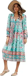 [R.Vivimos] Women's Long Sleeve Floral Print Retro V Neck Tassel Bohemian Midi Dresses