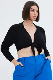 Black Knit Top Front Tie Collared Crop