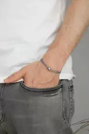 Mens bracelet with silver bead charm and a gray cord minimalist jewelry for man