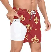 [GuoChe] Swim Trunks for Men Men's 2 in 1 Workout Shorts Mardi Gras Carnival Royal Lilies Red with Compression Liner and