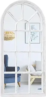 [WHW Whole House Worlds] Window Pane Arched Wall Mirror, Window, Rustic, White Distressed Faux Wood Frame, Glass, 13.75 W x 27.5 H Inches