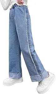[Happy Cherry] Kid Bootcut Jeans Girl Wide Straight Leg Pants Cute Loose Fit Causal Stylish Trousers Stretch Fashion Elastic Waist Jeans