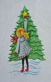 Hand-painted Needlepoint Canvas, Girl hanging Tree Star, 18" mesh, NEW