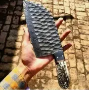 AB CUTLERY CUSTOM HANDMADE DAMASCUS CLEVER KNIFE HANDLE BY STAG ANTLER