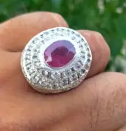 Natural Red Ruby with White Zircons Around Ruby Stone Ring Engraved Sterling 925