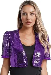 [Vxuxlje] Women's Sequin Short Sleeve Open Front Jacket Cocktail Party Cardigan Coat Outerwear