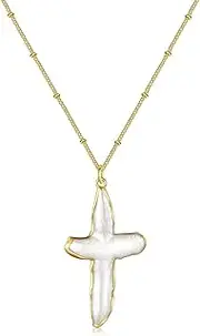 ALRNBY Freshwater Pearl Cross Necklace for Women Natural Chunky Baroque Pearl Necklaces Big Gold/Silver Cross Necklace Stainless Steel Chain Necklace for Men Trendy
