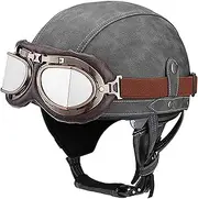 German Style Leather Motorcycle Half Helmet for Adults Men Women, DOT Approved Vintage Cap Half Face Shell Motorcycle Helmets for Cruiser Chopper+Goggles