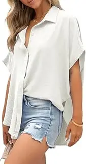 [Generic] Women's Casual Button Short Sleeve Slit Hem Shirt Solid Color Tops, Short Sleeve Button Up Women