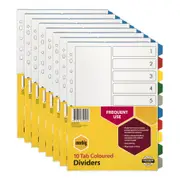 8x Marbig PP 10 Tab Coloured A4 Binder Divider/Indices Document Filing Organiser