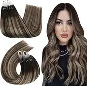 Ugeat Micro Loop Hair Extensions Human Hair 14inch Micro Ring Remy Hair Extensions 1g/Strand 50Gram Hair Extensions Micro Beads Human Hair Balayage Color #4/18/4 Dark Brown with Ash Blonde
