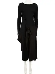 Michiko by Y's Black Wool Long Sleeve Pleated Accent Midi Dress