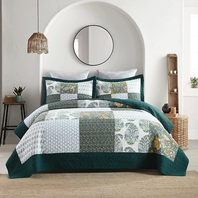 Queen Comforter Set for Bed - 100% Cotton Quilts Queen(90"x98") Lush Greenery