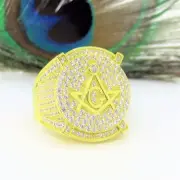 Sterling Silver Gold Plated Masonic Ring w/ Cubic Zirconias Size 10 Extra Large