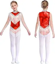 [iEFiEL] Fringe Sequin Dress for Girls Tassel Stage Outfit Latin Jazz Tango Rumba Dress Gymnastic Leotard