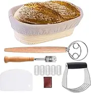 Bread Proofing Basket Starter Set – Sourdough Banneton Basket with Linen Cover, Bread Scoring Lame, Stainless Steel Scraper, Pastry Cutter, Dough Whisk & Extra Blades Home Bread Baking Kit Oval