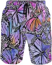 [GuoChe] Mens Swim Trunks Purple Safari Butterflies Quick Dry Swimwear Board Shorts Mens Swim Trunk Pants with Mesh Lining
