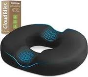 CloudBliss Donut Pillow Seat Cushion for Tailbone Pain Relief and Hemorrhoids, Memory Foam Seat Chair Cushion for Postpartum Pregnancy, Seat Cushions for Men and Women for Home & Office, (Black)