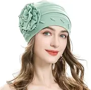 [ZLYC] Women Turban Beanie Hat with Flower Chemo Headwear Elastic Head Wrap Cap