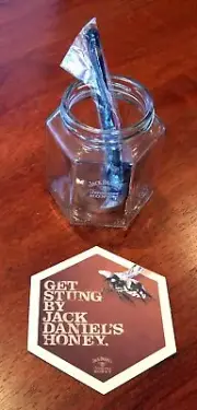 Jack Daniel's Whiskey Tennessee Honey Mason Jar Glass Hexagon & Swizzle Stick