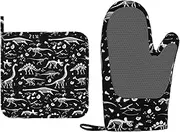 Oven Mitts and Potholders Black and White Dinosaur Skeleton Skulls Silicone Glove Heat Resistant, Kitchen Gloves for Cooking, 2-Piece Set