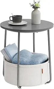 [VASAGLE] Side Table, Round End Table with Fabric Basket, Spacious, for Living Room Bedroom, Bedside Table, Modern Style, Cement Grey and Cloud White LET223G49
