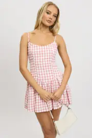 Pink Check Fit And Flare Dress Mini - Size 16XL, Women's Skater Dress