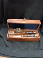 Vintage Wooden Box W/ Letter Opener & Magnifying Glass & Compass