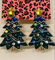 Betsey Johnson Green Enamel Rhinestone Crystal Star Christmas Tree Earrings NWT