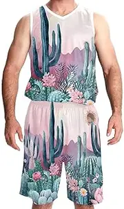 [KQNZT] Basketball Jersey with Shorts, Basketball Jersey for Women, Hip hop Clothing for Party, Pink Retro Flower Cactus