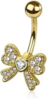 [Pierced Owl] 14GA 316L Stainless Steel Bow with Crystal Heart Center Belly Button Ring