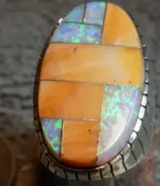Mens Silver Spiny Oyster Created Opal Inlay Ring Navajo Ray Jack Size 10