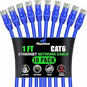 Maximm Cat 6 Ethernet Cable 1 ft (10-Pack) - High-Speed LAN Cable, Internet Cable, Patch Cable, and Network Cable - UTP, 10Gbps, 550MHz Ethernet Cord - Blue