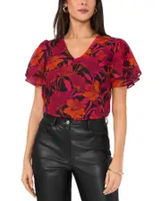 Vince Camuto Floral Print Ruffled Sleeve Top