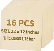 16 Pack Basswood Sheets for Crafts - 12 x 12 x 1/16 Inch - 1.5mm Thick Large Plywood Sheets Unfinished Bass Wood Boards for Laser Cutting, Wood Burning, Architectural Models, Staining