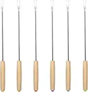 ZukoCert 6Pcs Stainless Steel Fondue Forks, Color-Coded 9.5 Inch Fondue Sticks with Wooden Handle, Heat Resistant Skewers for Cheese, Chocolate Fountain, Roast Marshmallows, Fruits