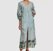 $550 Alice + Olivia Women's Blue Arlinda Button-Front Kimono Maxi Dress Size 6
